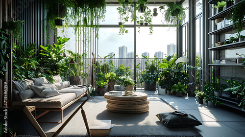 Um apartamento urbano ensolarado e adornado com vegetação exuberante e plantas em vasos emana uma vibe fresca e vibrante photo
