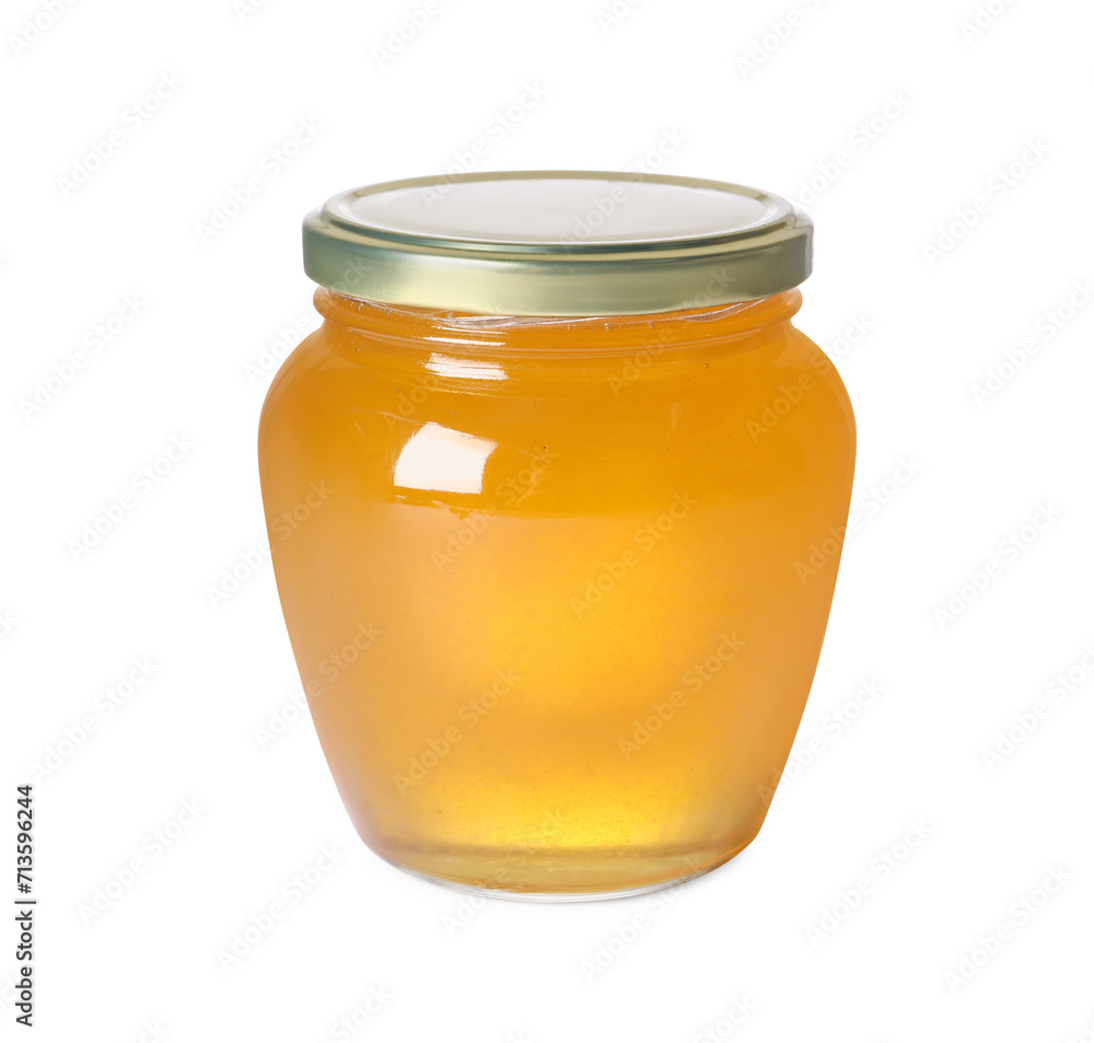 Tasty natural honey in glass jar isolated on white Tasty natural honey in glass jar isolated on white