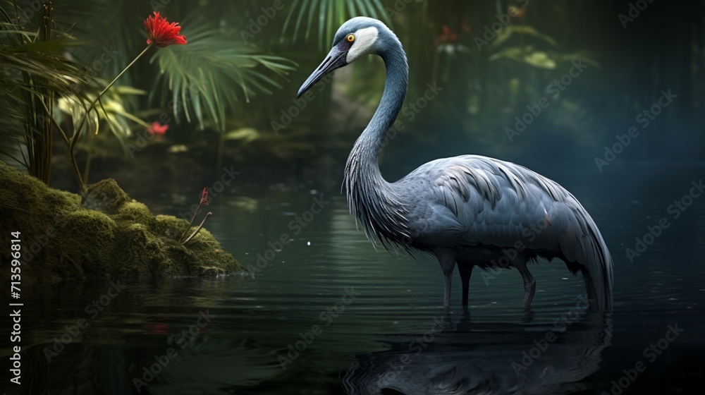 Fototapeta premium Elegant Crane in Tranquil Waters Reflecting Serenity - AI-Generative