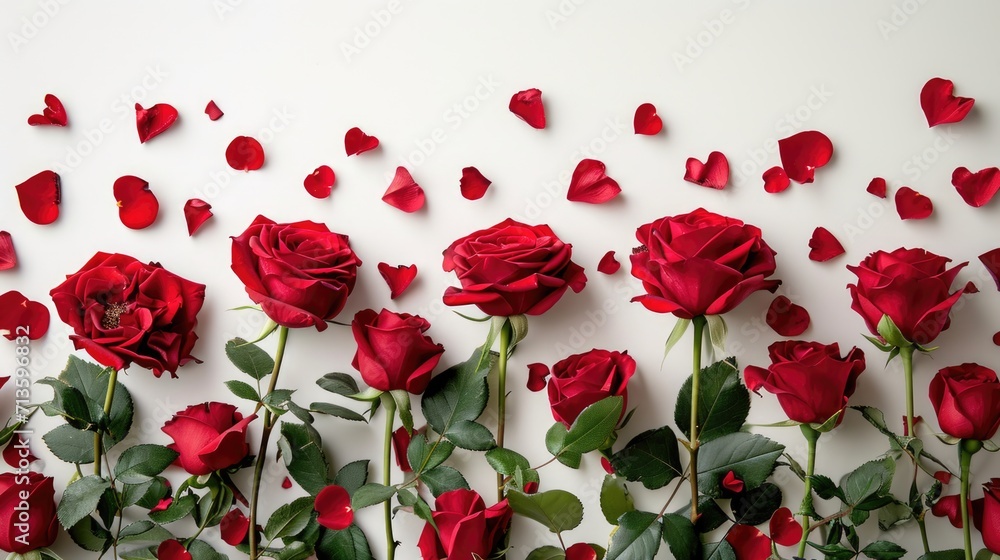 Romantic Classic - White Background with Lush Red Roses, Valentine's Day Concept Romantic Classic - White Background with Lush Red Roses, Valentine's Day Concept