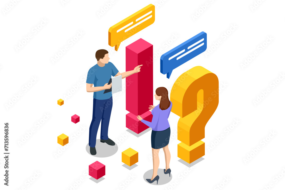 Isometric Question Marks, Message box with question, Chatbot technology, AI chat bot based on artificial intelligence. Woman and Man Ask Questions and receive Answers.