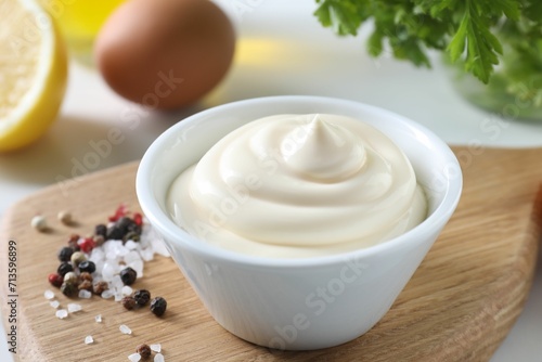 Tasty mayonnaise sauce in bowl and spices on table, closeup