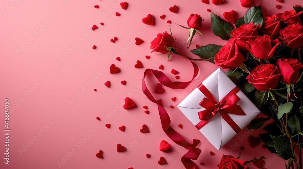 Soft Pink Elegance - Roses, Hearts, and Gift Box in a Minimalist Valentine's Day Concept Soft Pink Elegance - Roses, Hearts, and Gift Box in a Minimalist Valentine's Day Concept