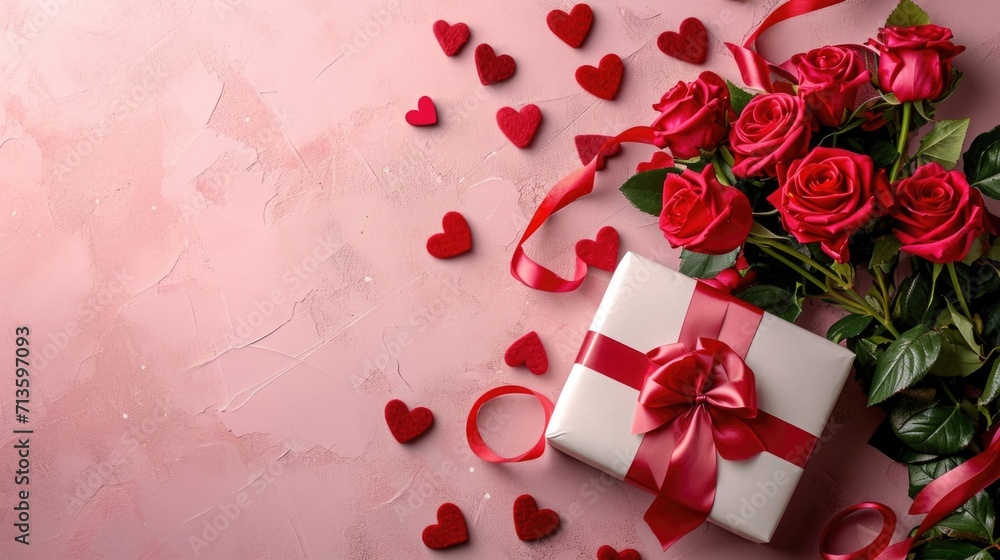 Soft Pink Elegance - Roses, Hearts, and Gift Box in a Minimalist Valentine's Day Concept Soft Pink Elegance - Roses, Hearts, and Gift Box in a Minimalist Valentine's Day Concept
