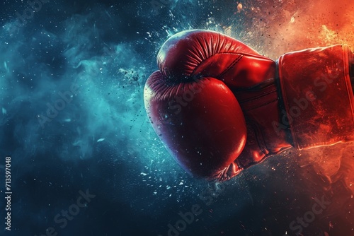 Close-up of a red boxing glove with dynamic motion effect against a dark, smokey background. photo