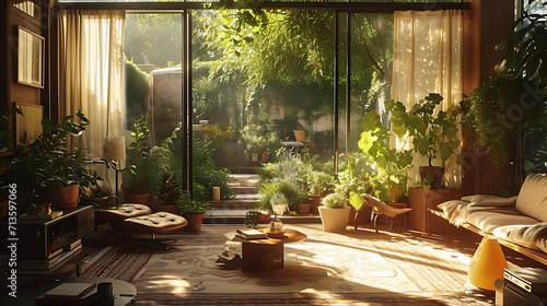 Uma sala de estar iluminada pelo sol com grandes janelas se abre para um exuberante quintal verde photo