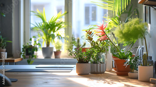 Um apartamento urbano banhado pelo sol é adornado com uma variedade de plantas de interior e flores criando um oásis de beleza natural em meio à agitada cidade