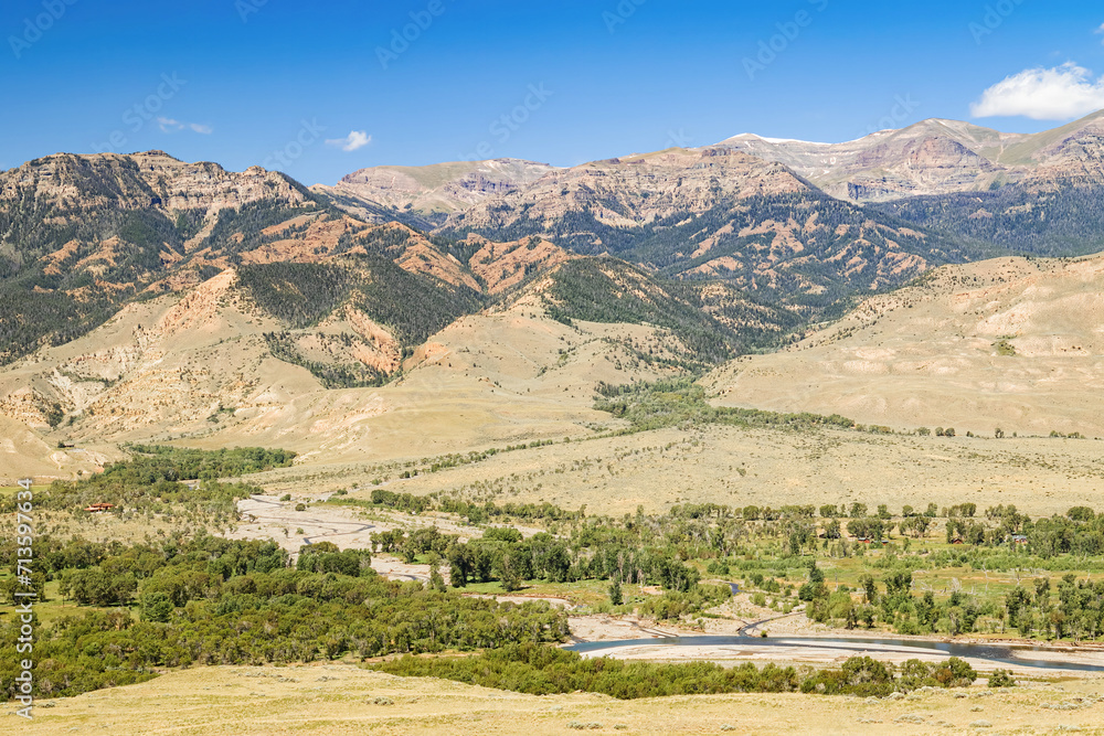 South Fork Shoshone River canyon mountain landscape during autumn in the northwest Wyoming wilderness. 