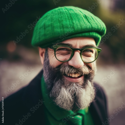 senior man smiling at camera in traditional st patrick's irish attire.