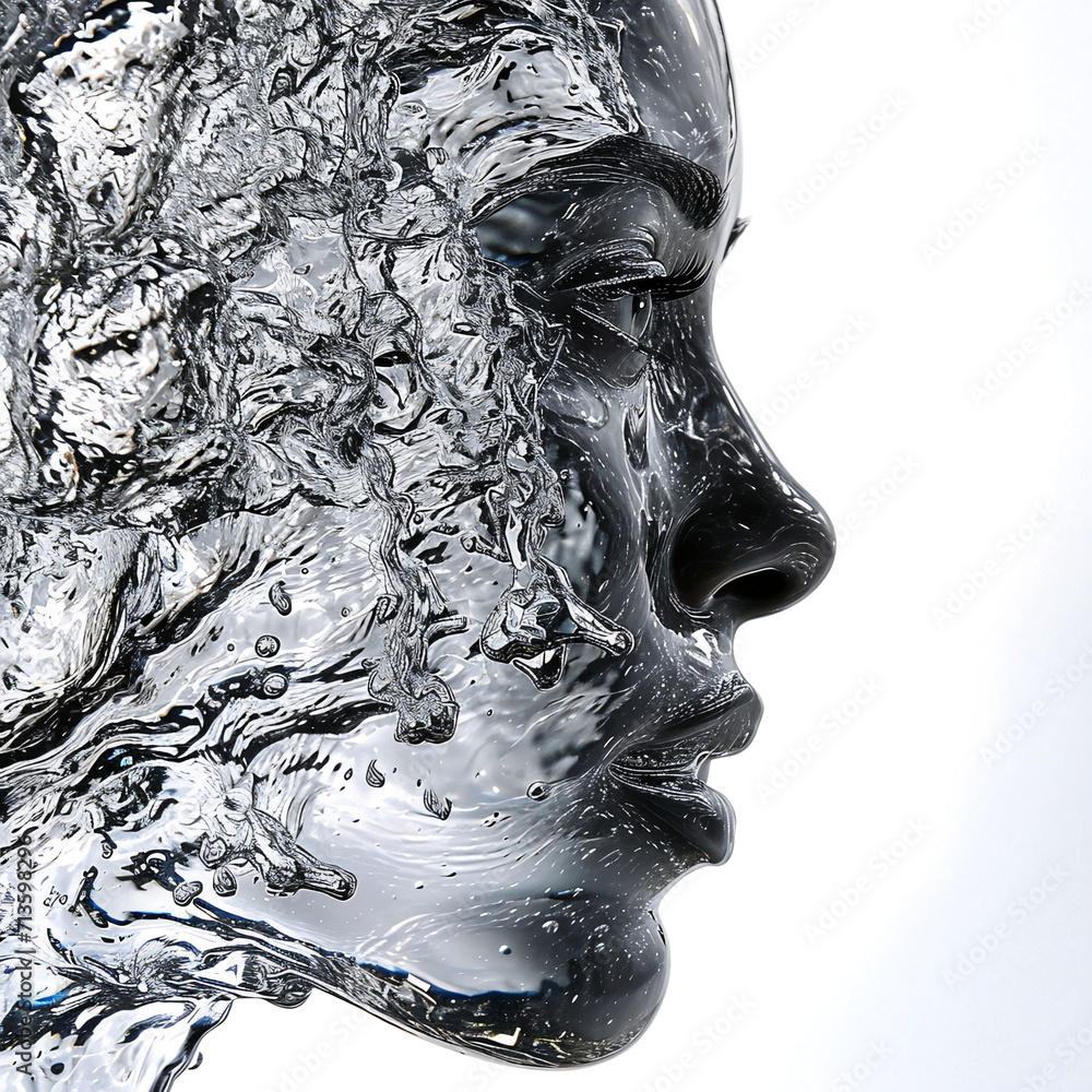 Woman face made of water reflections and water splashes