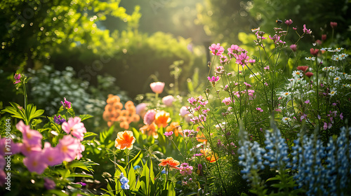 Um jardim tranquilo repleto de um colorido arranjo de flores e vegetação exuberante A luz filtrada pelo dappled atravessa as folhas lançando sombras suaves nas delicadas pétalas