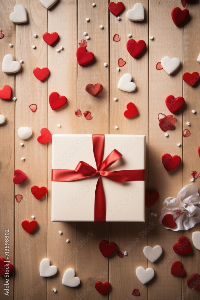 Classic Whimsy - Rustic White Tabletop with Patterned Gift Box and Red Hearts, Valentine's Day Concept Classic Whimsy - Rustic White Tabletop with Patterned Gift Box and Red Hearts, Valentine's Day Concept