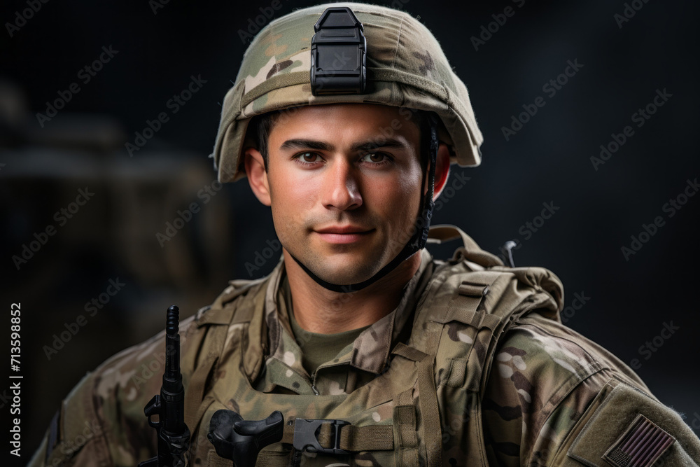 Male professional soldier. Top professions concept. Portrait with selective focus and copy space Male professional soldier. Top professions concept. Portrait with selective focus and copy space