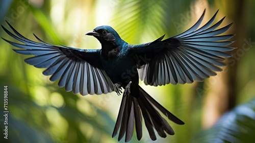 A Greater Racket-tailed Drongo Displaying Intricate Plumage Patterns in Majestic Flight - AI-Generative photo