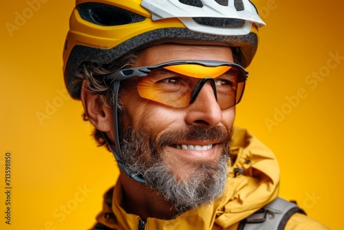 A man in a bicycle helmet. Background with selective focus and copy space © top images