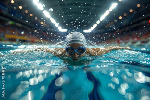 Woman swimmer athlete in a swimming pool. Background with selective focus and copy space