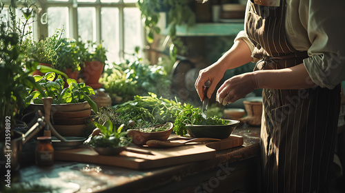 Uma cena tranquila se desenrola em uma cozinha rústica onde feixes frescos de ervas aromáticas e vibrantes plantas verdes em vasos enfeitam os balcões e parapeitos