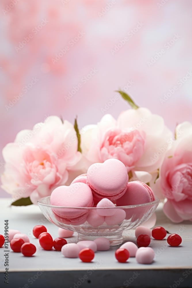Minimalist Elegance - White Background with Pink Peonies and Heart Candies, Valentine's Day Concept Minimalist Elegance - White Background with Pink Peonies and Heart Candies, Valentine's Day Concept