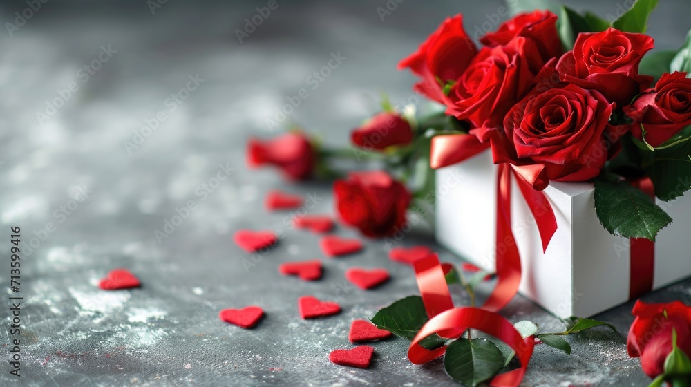 Timeless Valentine's Elegance - Classic Roses and Gift Box Arrangement for Valentine's Day Concept Timeless Valentine's Elegance - Classic Roses and Gift Box Arrangement for Valentine's Day Concept