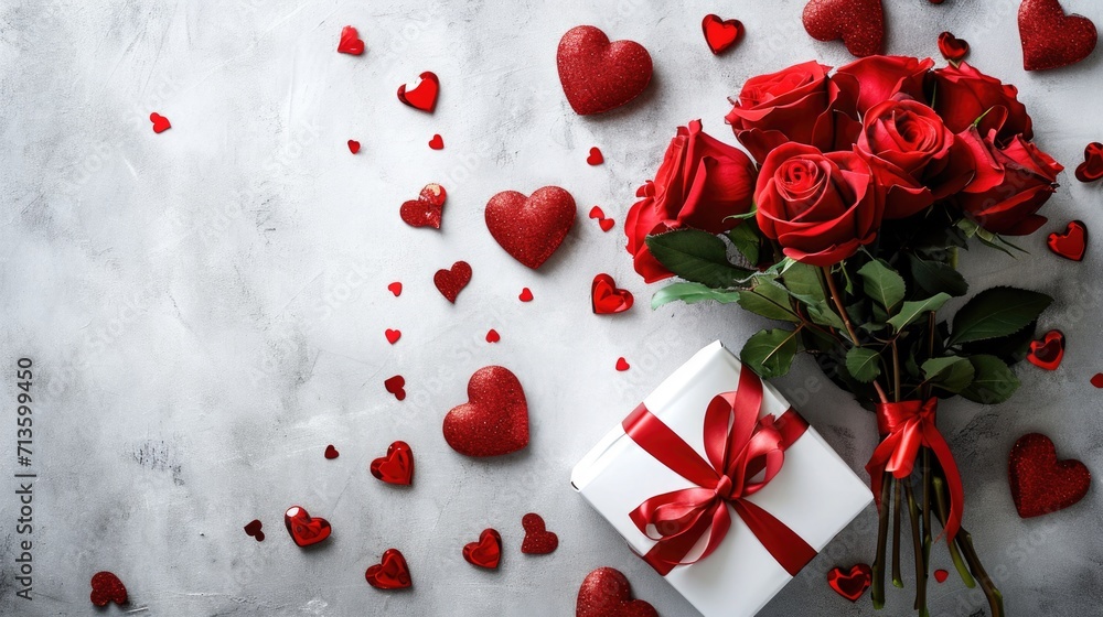 Timeless Valentine's Elegance - Classic Roses and Gift Box Arrangement for Valentine's Day Concept Timeless Valentine's Elegance - Classic Roses and Gift Box Arrangement for Valentine's Day Concept