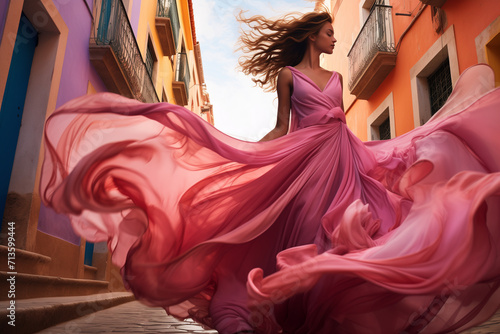 Woman wearing an exuberant pink dress