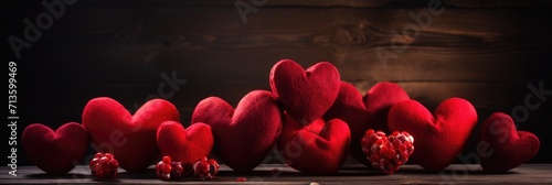 Rustic Heartfelt Sentiment - Red Felt Hearts on Wooden Background for Valentine's Day Concept