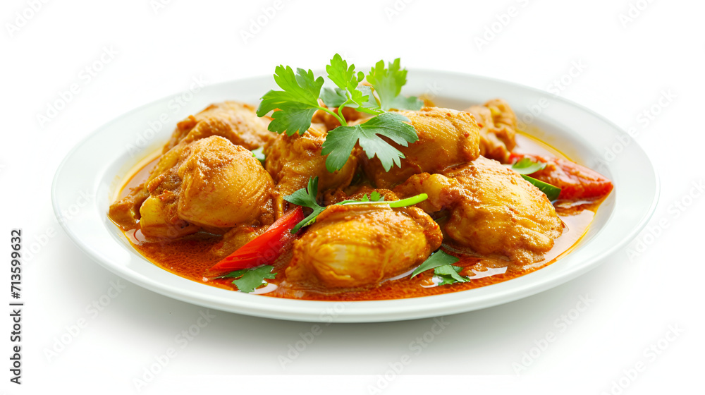 A plate of chicken curry isolated on white background, minimalist style A plate of chicken curry isolated on white background, minimalist style