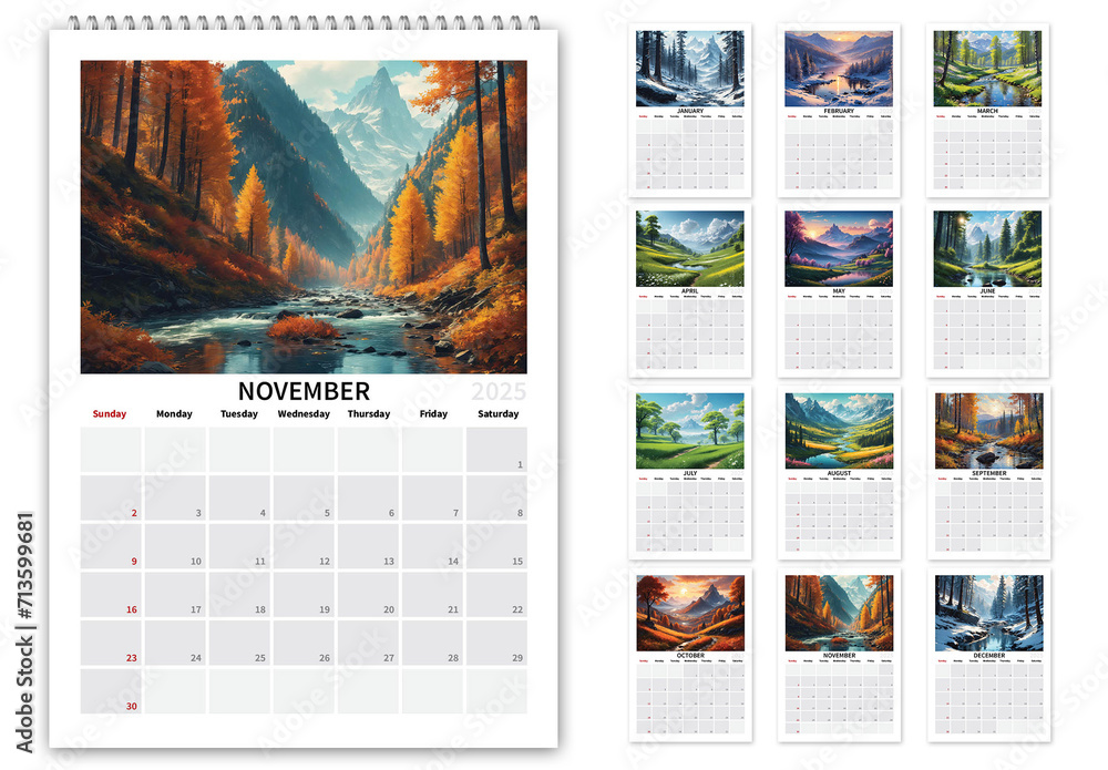 2025 Nature Landscapes Calendar Sheduler US, Sunday first day of week
