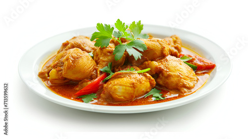 A plate of chicken curry isolated on white background, minimalist style