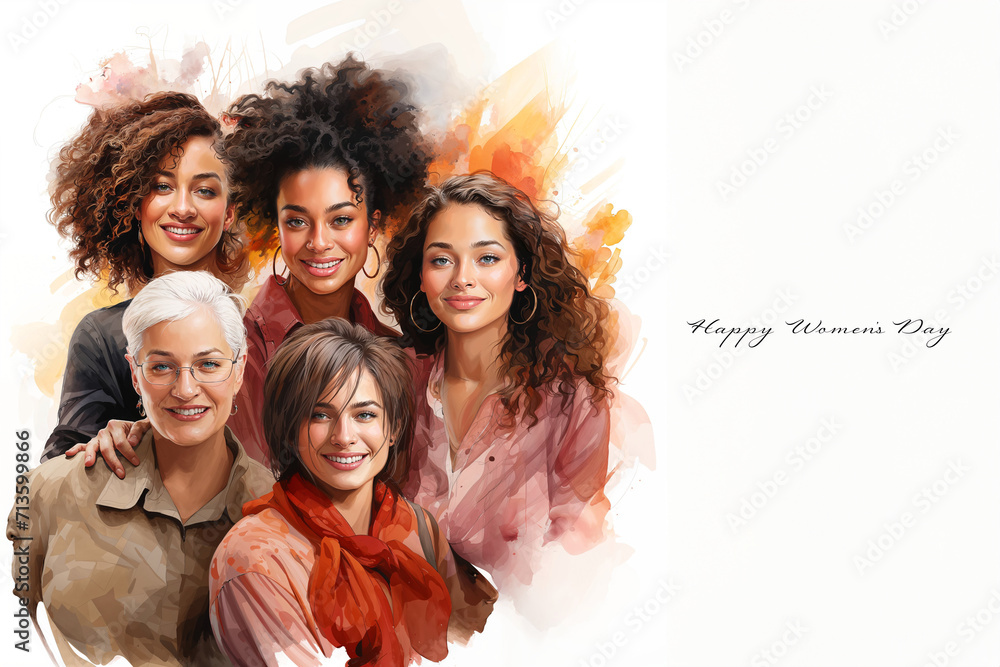 Watercolor style illustration. Confident diverse women enjoying a moment of self-expression and connection.