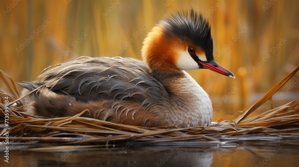 Nesting Grebe Amidst Lush Reeds by the Water's Edge - AI-Generative Nesting Grebe Amidst Lush Reeds by the Water's Edge - AI-Generative