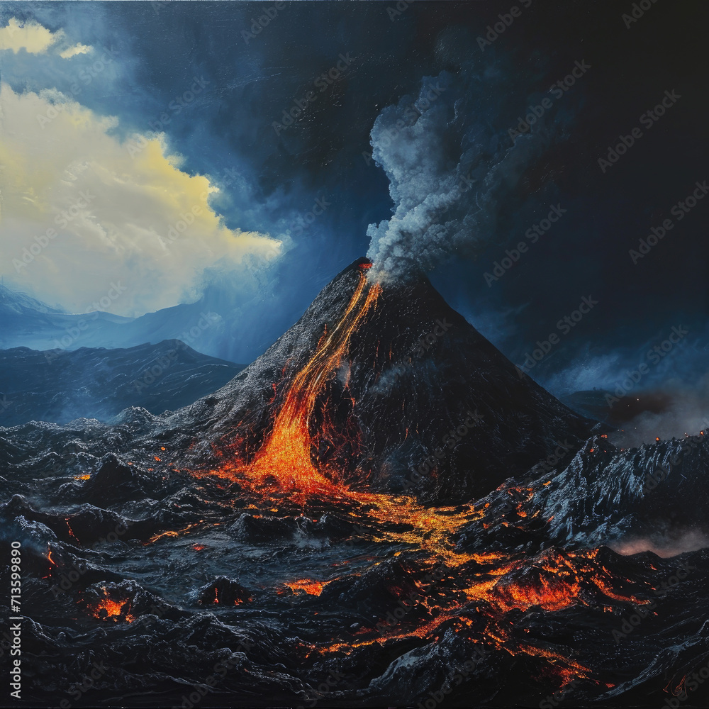 A volcano with lava is surrounded by lava and dark clouds.