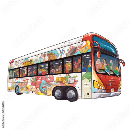 A City Bus With Passengers and Colorful Advertisements on Its Exterior.. Isolated on a Transparent Background. Cutout PNG.