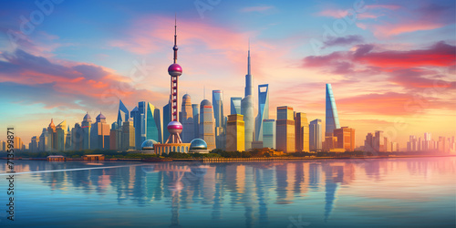 The Shanghai skyline at dusk, in the style of mountainous vistas, light teal and magenta, urban signage, kintsugi, sunrays shine upon it, terraced cityscapes