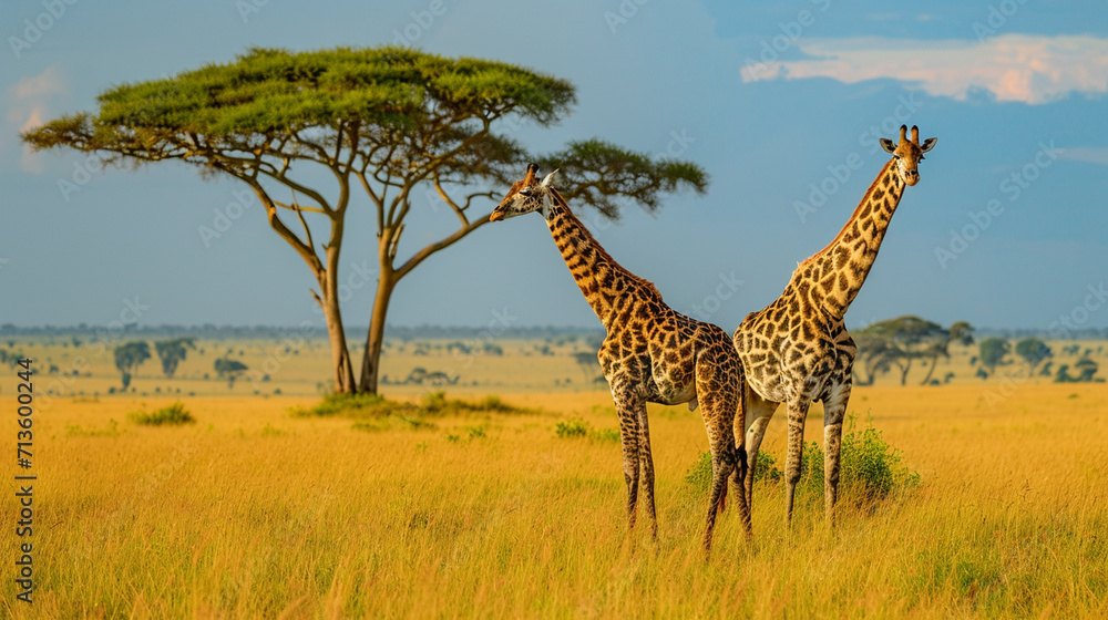 Fototapeta premium Elegant giraffes grazing on tall trees in the savannah, portraying the graceful and towering beauty of these herbivores, animals, giraffes, hd, with copy space