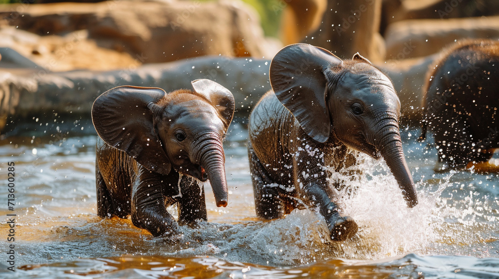 Playful baby elephants splashing and playing in a waterhole, capturing the endearing nature of these intelligent mammals, animals, baby elephants, hd, with copy space - obrazy, fototapety, plakaty 