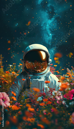 An astronaut in a flower field with a full moon in the background.