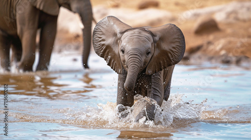 Playful baby elephants splashing and playing in a waterhole, capturing the endearing nature of these intelligent mammals, animals, baby elephants, hd, with copy space