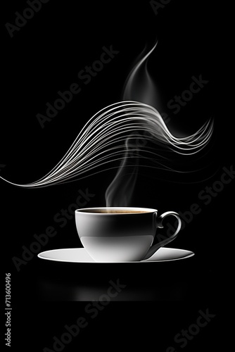 stylish white cup of tea or coffee with steam on black background, swirl and wave pattern, drink concept with elegant curve lines 