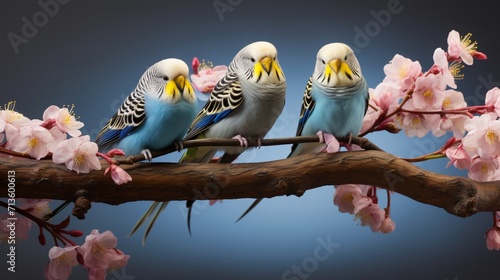 Fotografering Budgerigars Gathering on Blossoming Branches in Harmonious Display - AI-Generati