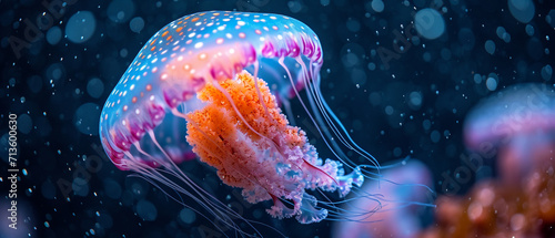 Dive into the mesmerizing depths with this vibrant jellyfish in an ultra-wide sea. Its translucent body glows in shades of orange and pink, complemented by elegant, flowing tentacles
