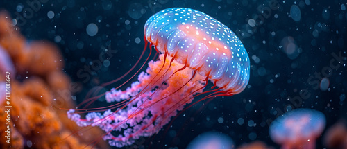 Mesmerizing jellyfish in a vibrant underwater scene. Translucent body, radiant orange and pink hues, and elegant tentacles create a captivating visual. Dark, mysterious sea with rocks, coral