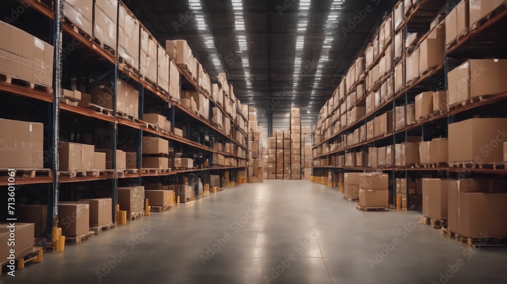 Large industrial warehouse with high racks. In the foreground are a lot of cardboard boxes.Ai generative