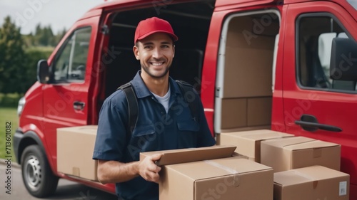 Delivery courier service. Delivery man in red cap and uniform holding a cardboard box near a van truck delivering to customer home. Smiling man postal delivery man delivering a package.Ai generative © Grigoriy
