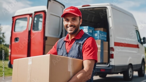 Delivery courier service. Delivery man in red cap and uniform holding a cardboard box near a van truck delivering to customer home. Smiling man postal delivery man delivering a package.Ai generative