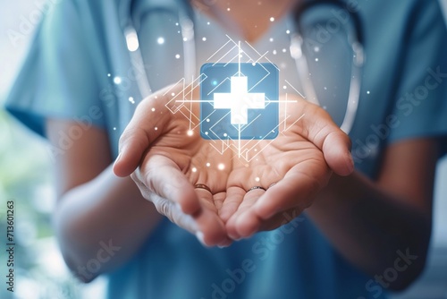 Health insurance and medical welfare concept. people hands holding plus symbol and healthcare medical icon, health and access healthcare