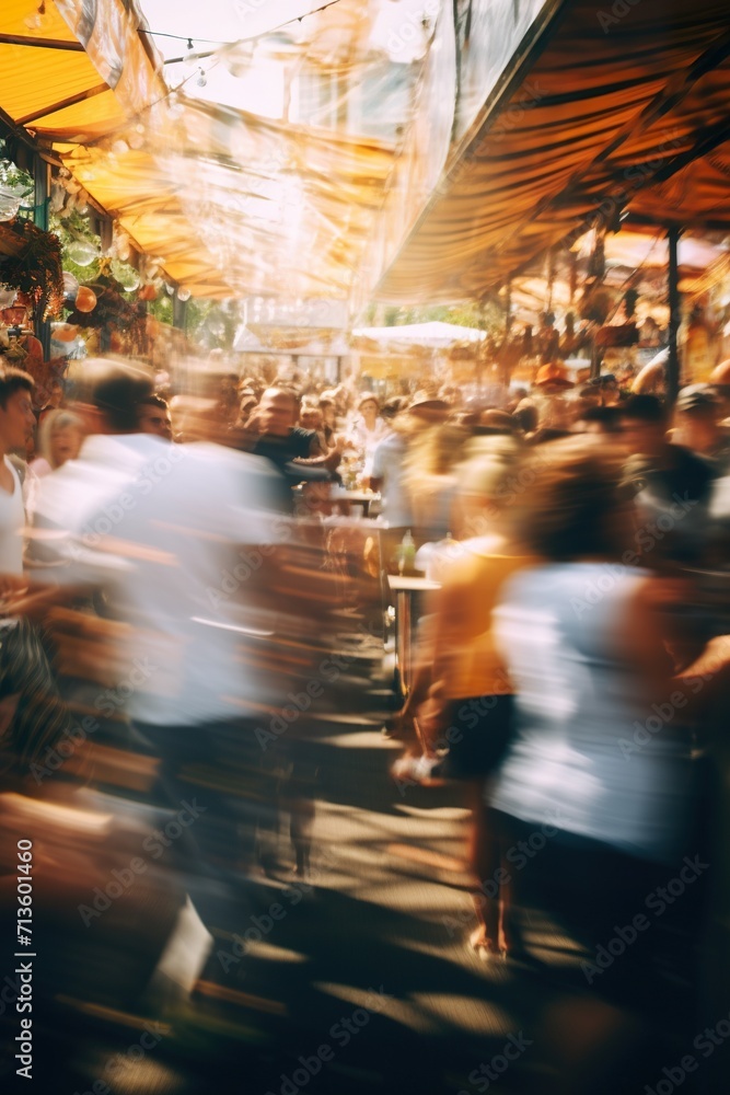 crowd of people on street food festival in summer park on sunset or at night, in style of blurred motion with bokeh