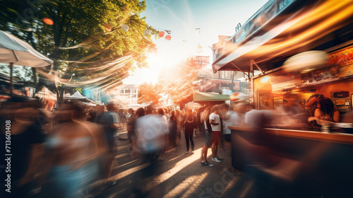 Fototapeta Naklejka Na Ścianę i Meble -  crowd of people on street food festival in summer park on sunset or at night, in style of blurred motion with bokeh