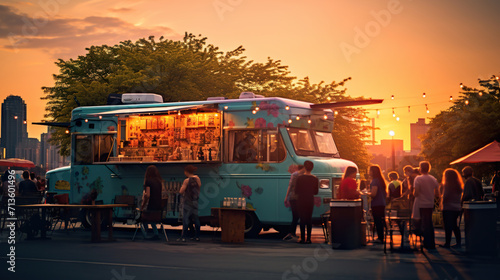 Fototapeta Naklejka Na Ścianę i Meble -  food truck at street festival in park at sunset, crown of people eating at fest in evening, blurred motion 