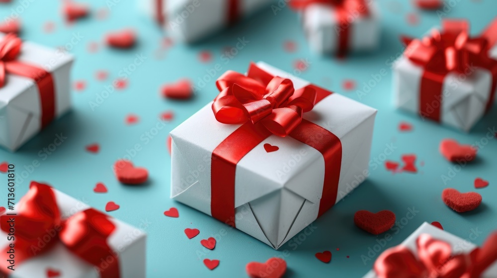 Festive Valentine's Arrangement - White Gift Boxes with Red Ribbons, Valentine's Day Concept Festive Valentine's Arrangement - White Gift Boxes with Red Ribbons, Valentine's Day Concept